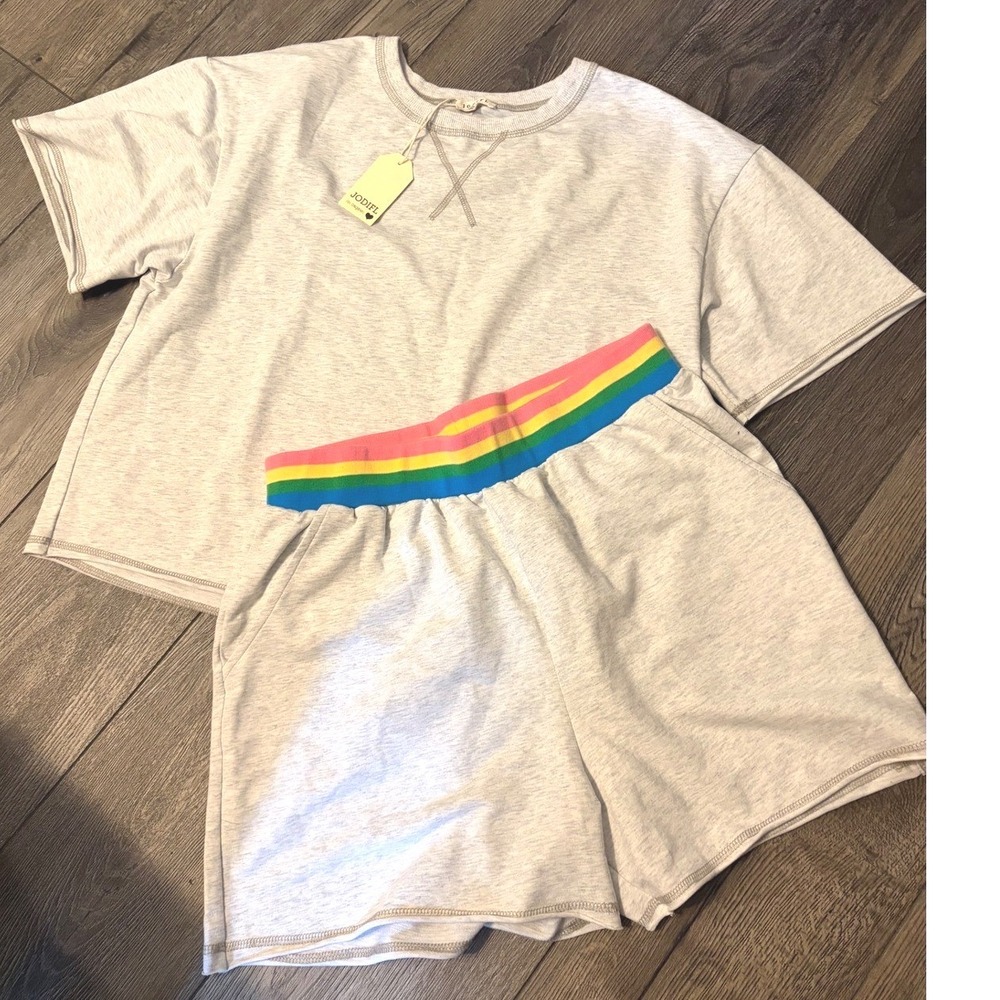 JODIFL NWT Small 2 Piece Lounge Set Rainbow Stripe Shorts Top Retro Sporty